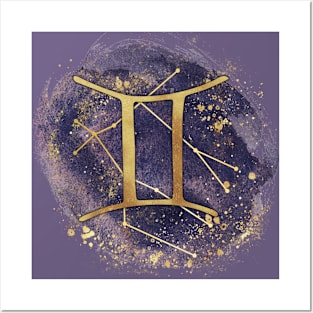 Gemini gold symbol with constellation on watercolor Posters and Art